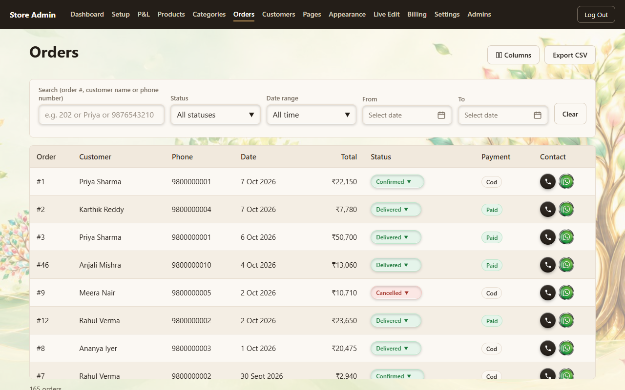Orders screen