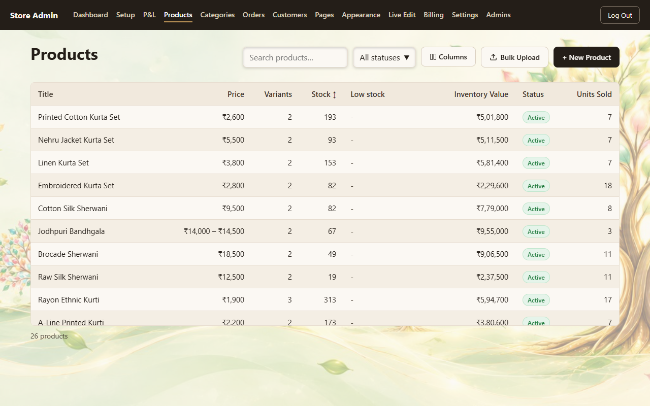 Products screen